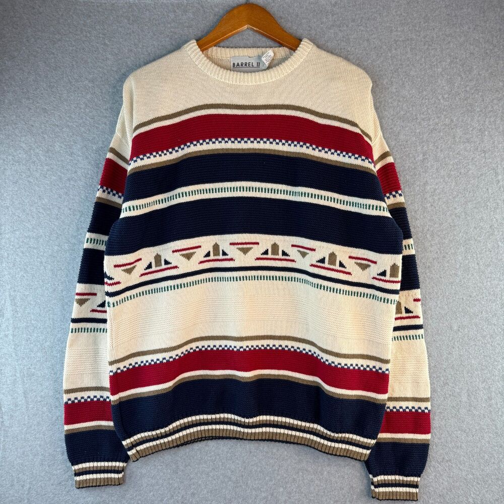 Barrel II Vintage 90's Red Striped Chunky Knit Long Sleeve Pull Over L Retro